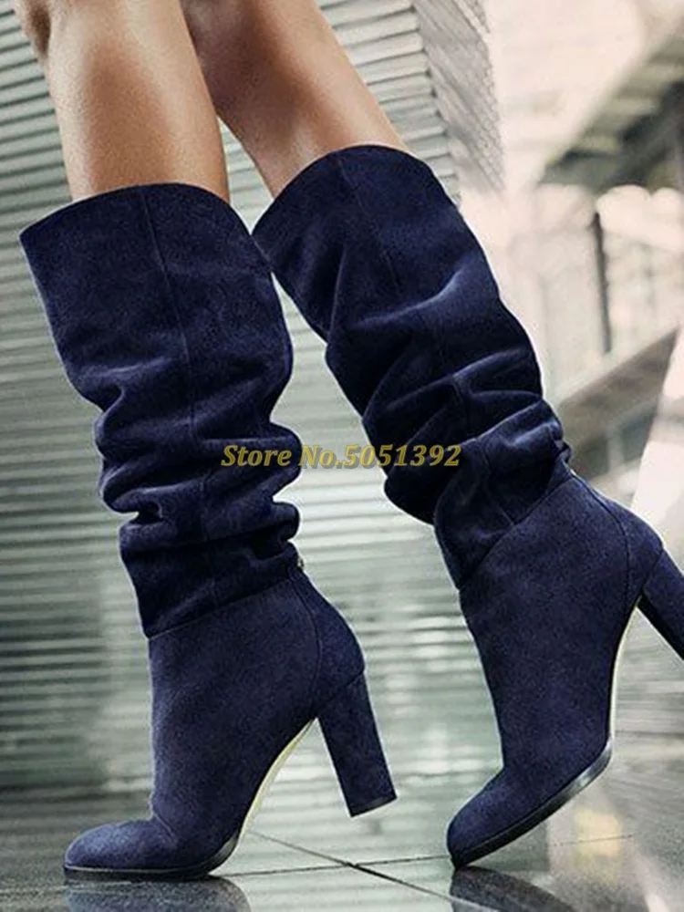 Suede Slouchy Winter Women Boots Square Heel Sexy Pointed Toe Slip On Dress Women Boots Solid High Heel Round Toe Dress Boots