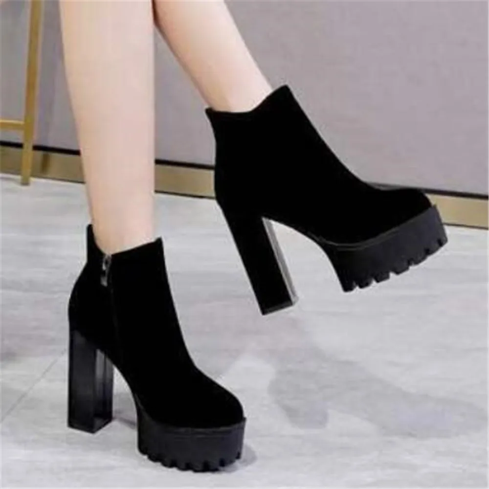 Newest Women Side Zipper Ankle Boots Comfortable Platform Round Toe Thick High Heel Shoes Ladies Fashion Flock 10/12 CM Pumps