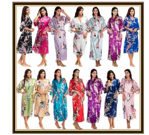 Half Sleeve Loose Style Woman Japanese Kimono Satin Silk Sleepwear Pajamas Peacock Spa Yukata Bathing Robe Lady's Long Dress