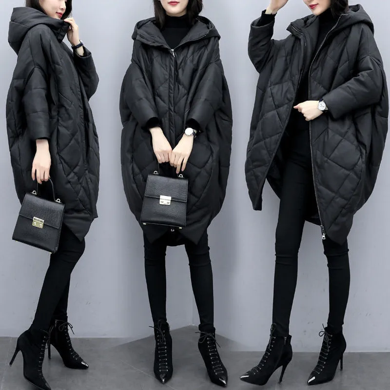 Cocoon-type Cotton Padded Jacket 2021 New Winter Large Size Mid-length Parkas Coat Female Loose Pu Leather Cloak Jacket Black