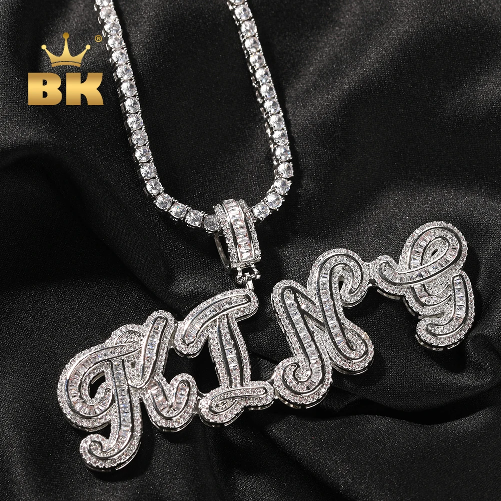 

THE BLING KING Custom Cursive Baguettecz Letter Pendant Iced Out CZ Script Initial Name Tennis Chain Necklace Hiphop Jewelry