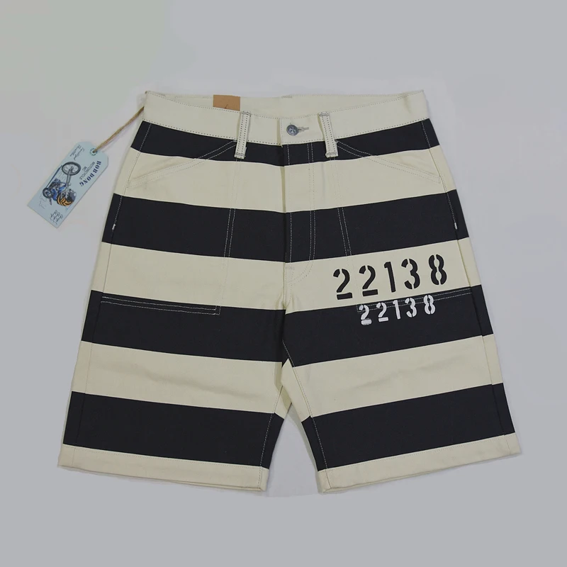 BOB DONG Vintage Prisoner Style 22138 Print Shorts 16oz Motorcycle Striped Pants