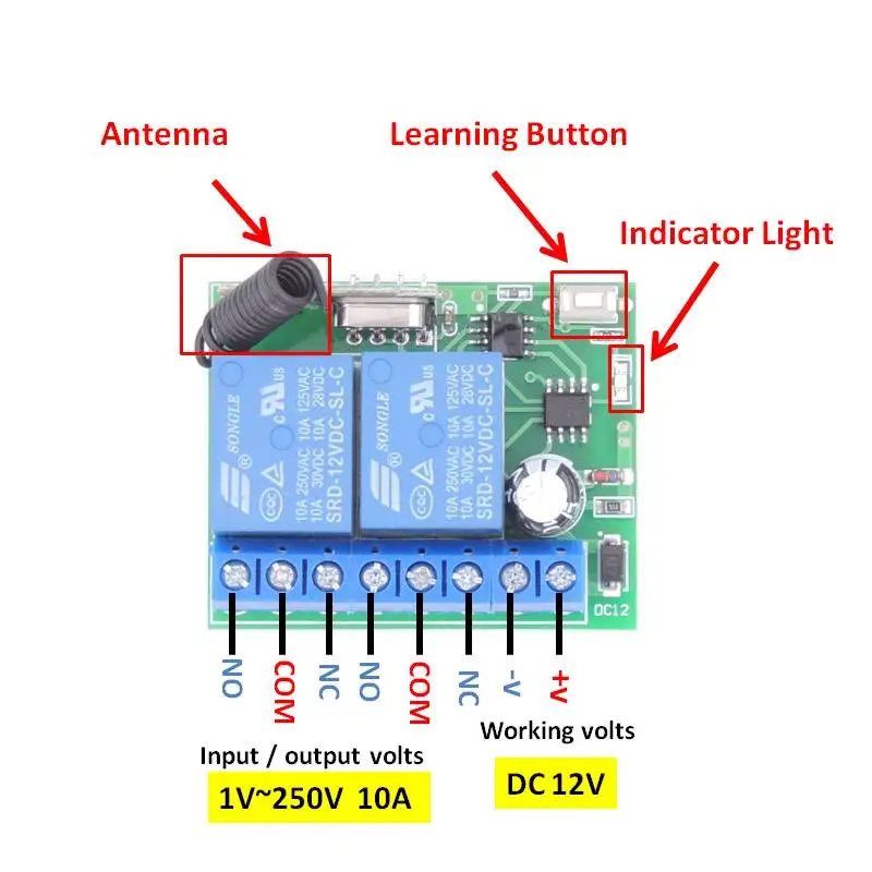 DC12V 10Amp 2CH 2 gangs 433MHz rf Remote Control Switch Wireless Relay Receiver for Garage\\ Lighting\\ Electric Door Controller