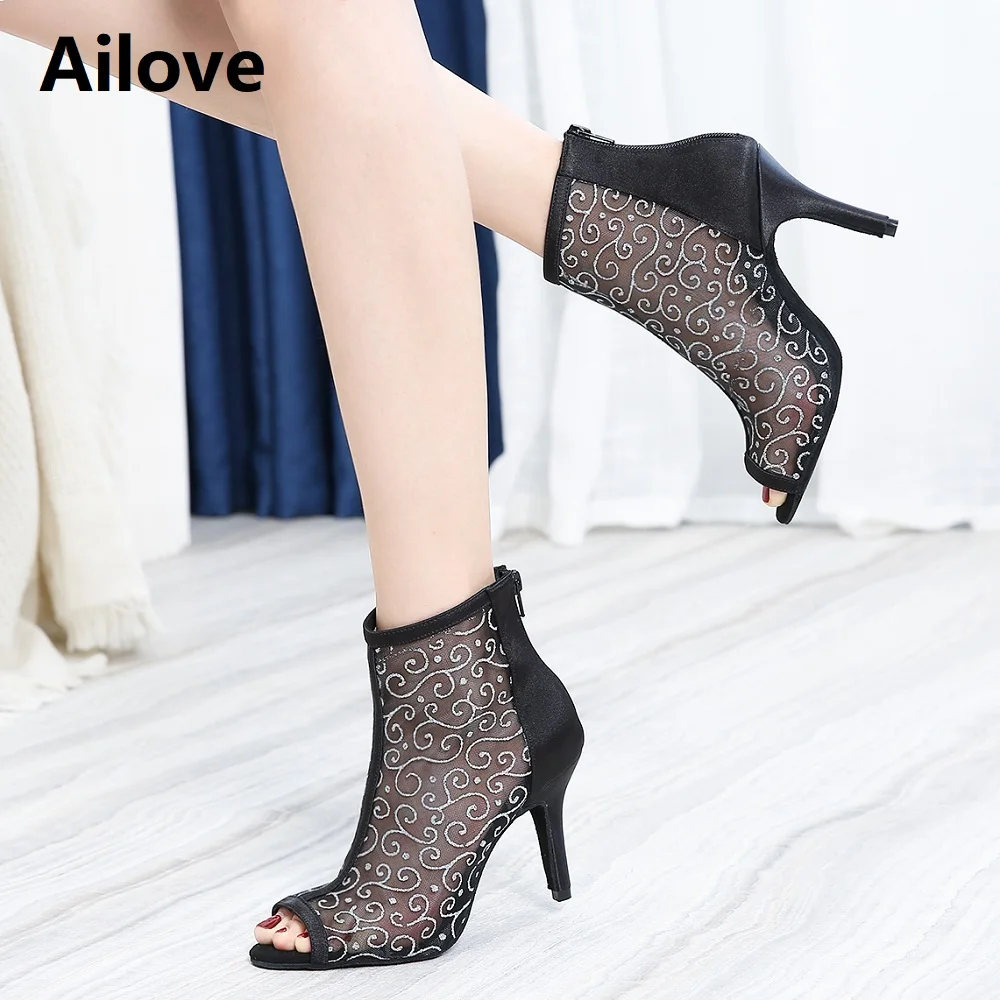 Ailove Women`s Social Ballroom Latin Salsa Dance Boots Print Air-mesh Party Dancing Shoes with Black Satin Back Heel Sandal S057