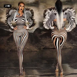 Zebra Pattern Jumpsuit Women Singer Sexy Stage Outfit Bar DS dj Dance Bodysuit Performance Show drag queen cosplay Costumes rave