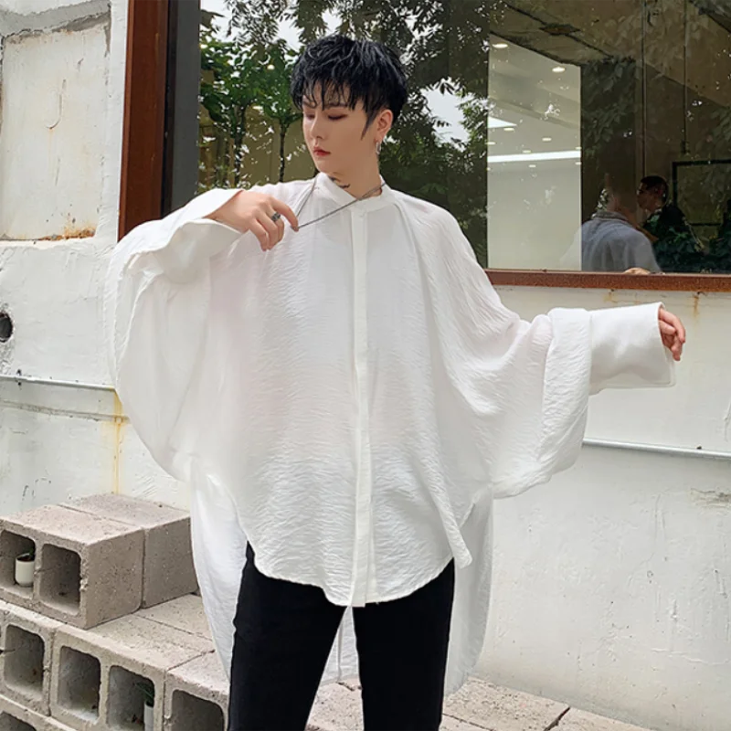 Men's Front Short Rear Long Bat Long Sleeve Standing Collar Party Dress Shirt Hip Hop Loose Casual Pure Color Stage Show