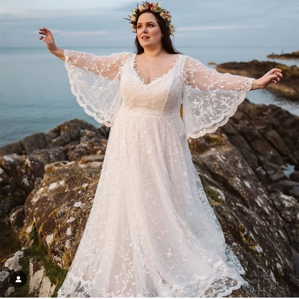 2024 Strand Boho Brautkleider plus Größe Frühling Sommer Flare Ärmel eine Linie böhmischen Brautkleider bodenlangen Vestido de Novia