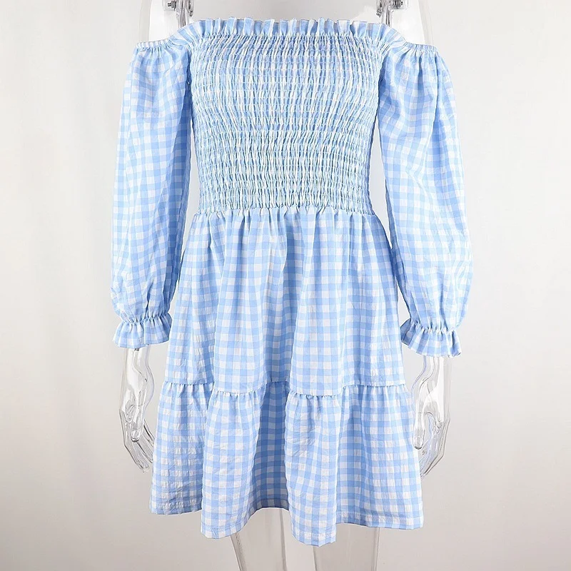 2023 Summer Women Ruffles Blue White Plaid Elegant Slash Neck Dress Female Sweet Backless Floral Korean Style Club Mini Dresses