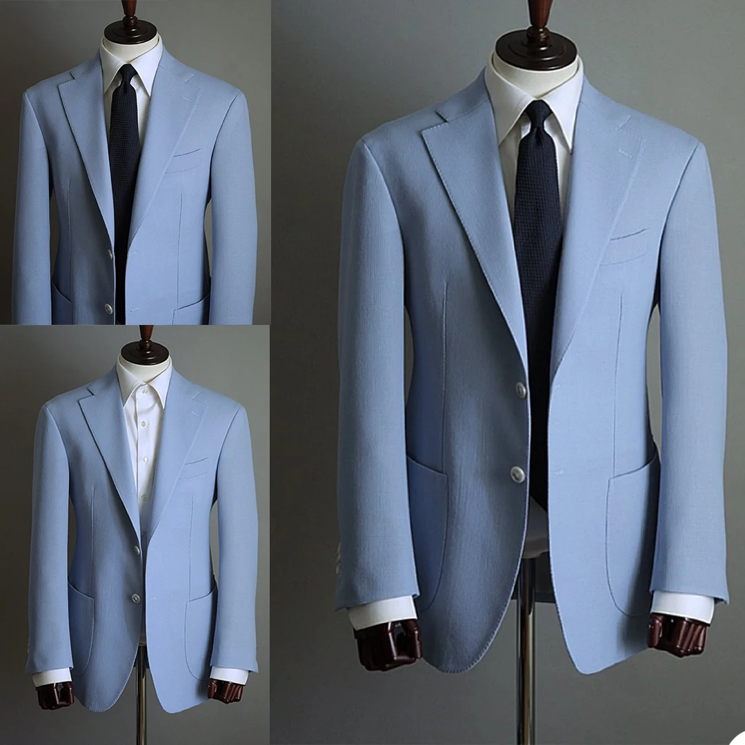

New Light Sky Blue Slim Fit Mens Prom Suits Notched Lapel Groomsmen Beach Wedding Tuxedos For Men Blazers 1 Piece