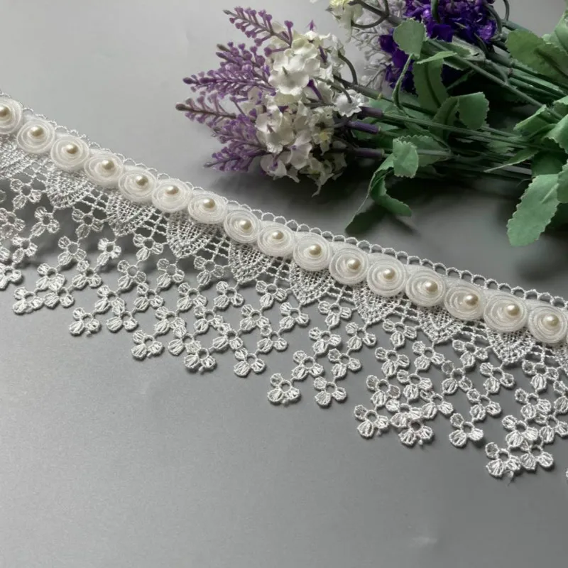 3 Yard White Pearl Tassel Plum Flowers Pearl Lace Trimmings Ribbons Beaded Lace Fabric Embroidered Sewing Wedding Dress DIY 8cm