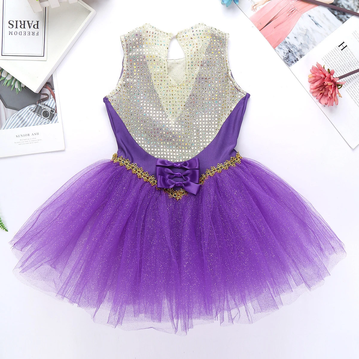 Bambini Paillettes Bowknot Glitter Maglia Vestito Dal Tutu di Balletto Delle Ragazze Ginnastica Body con Del Capo Maniche Braccio di Prestazione Set Costume di Ballo