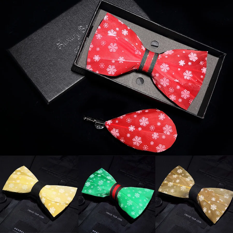 Ricnais Brand 2019 Design Christmas Bow Tie Red Green Solid Snowflake Natural Feather Bowtie for Men Christmas Party Gifts Ties