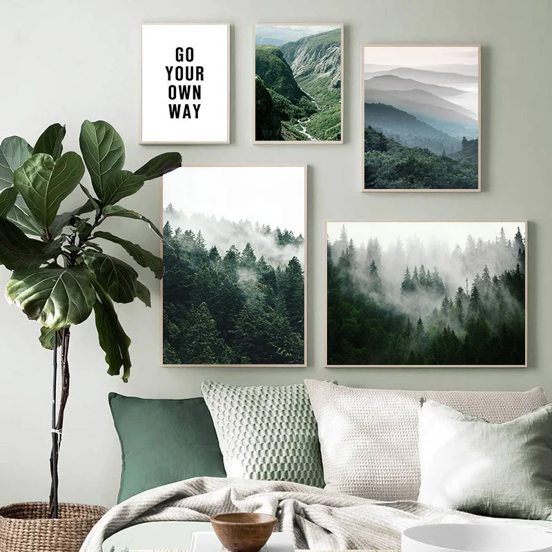 

Mountain Foggy Forest Picture Nature Scenery Scandinavian Poster Nordic Decoration Landscape Print Wall Art Canvas Painting