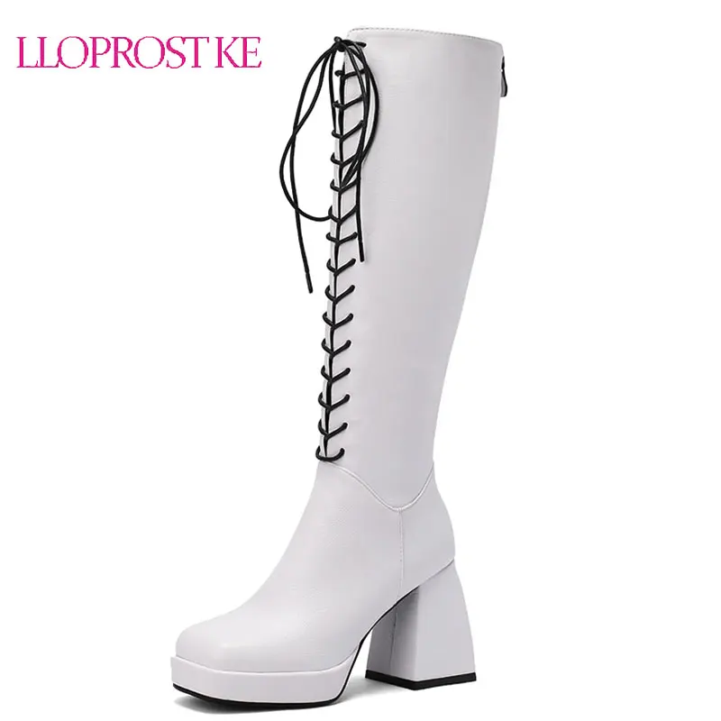 

Lloprost ke Women Riding Boots Platform Thick Heel Square Toe Shoes Super High Heel Zipper Lady Knee High Boots Winter 33-43