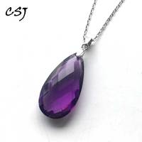 CSJ Water Drop Natural Amethyst Pendants Sterling 925 Silver Fine Jewelry Necklace Women Femme Wedding Engagement Party Gift