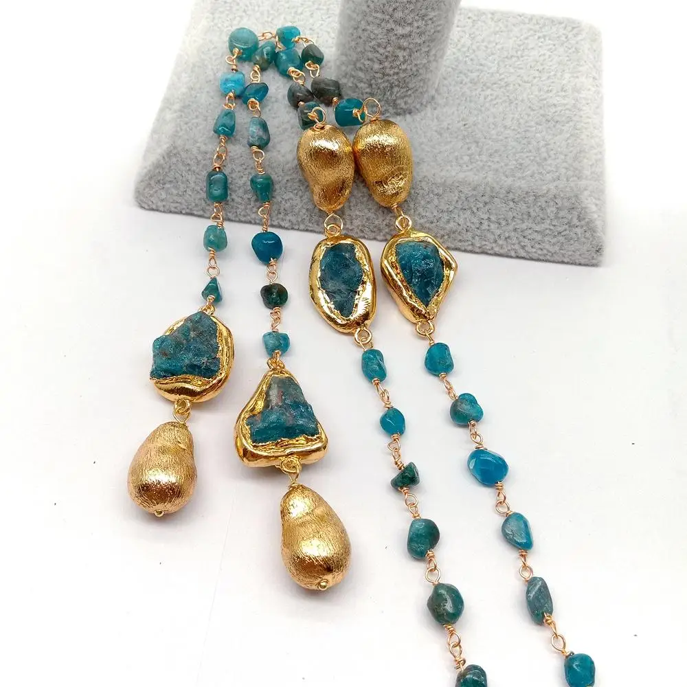 Y·YING Natural Blue Apatite  Gold color Plated Brushed Bead Long Necklace 40