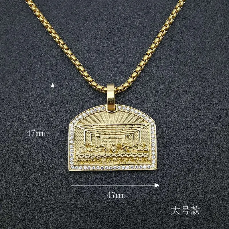 Hip Hop Bling Iced Out Rhinestones Stainless Steel The Last Supper Geometric Square Pendant Necklace for Men Rapper Jewelry