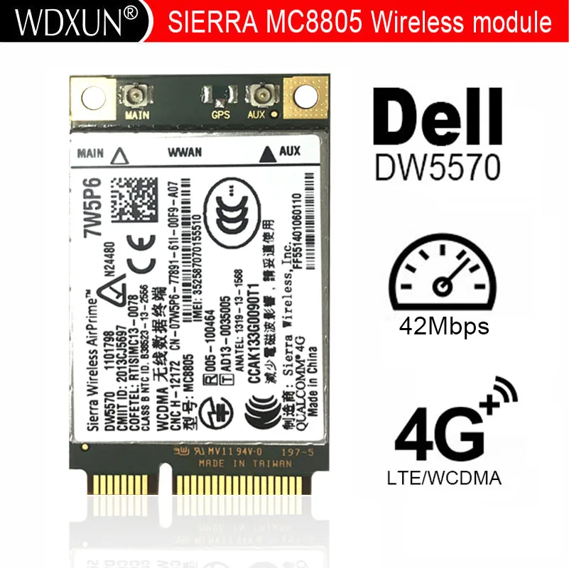 Placa de rede WWAN móvel para DELL, DW5570, 7W5P6, Sierra MC8805, HSPA + WWAN banda larga, E5440, E6440, E6540, E7240, E7440, M4800, M6800