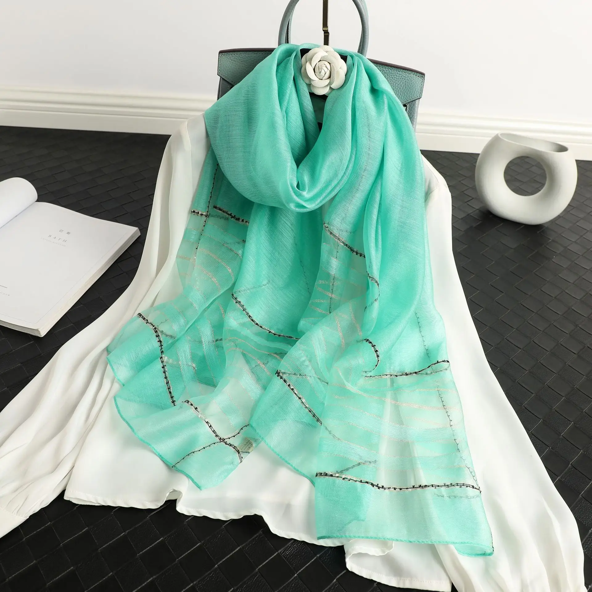 High quality 2024 new scarf real silk wool Women Long scarves Shawl Female hijab wrap Summer Beach Cover-ups Scarves Bandana