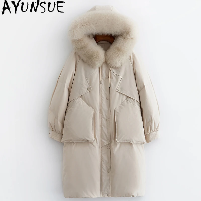 

AYUNSUE Women's Jacket Winter Natural Fox Fur Collar Hooded Parkas Woman White Duck Down Jackets Female Coats Ropa Mujer TN263