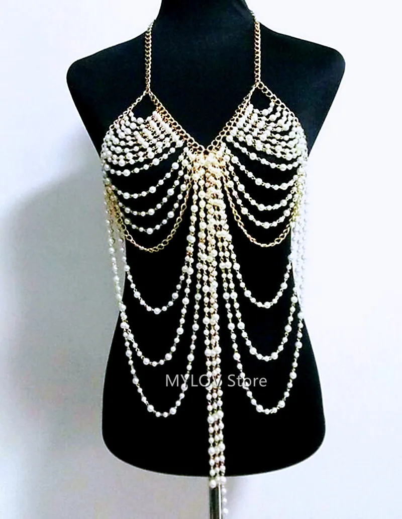

P0218 Fashion Women Pearl Chain Body Jewelry Harness Female Chains Jewellery Clothing Accessories Two Colors Choose
