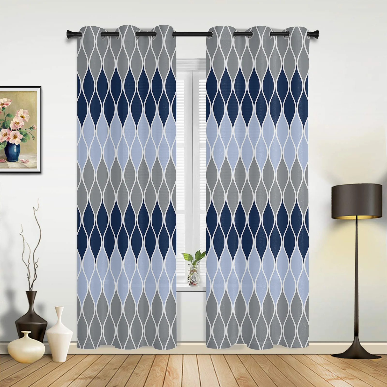 Geometric Blue Grey Medieval Print Window Curtains for Living Room Kitchen Curtain with Valance Kids Room Home Decor