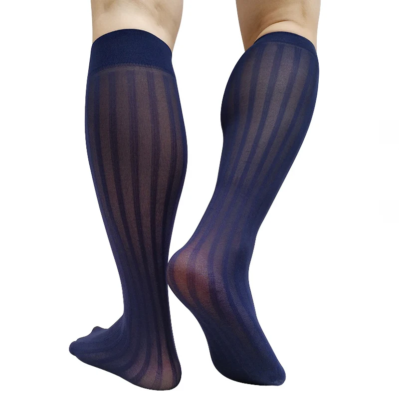 Sheer Thin Mens Long Socks Knee High See Through Sexy Stocking Tube Hose Striped Black Navy  Fashion Gentlemen Socks