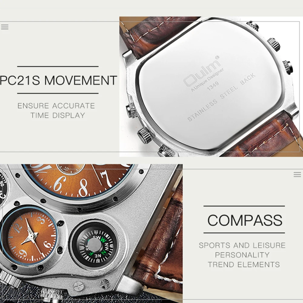 Reloj grande creativo para hombre, cronógrafo de cuarzo con múltiples esferas, pulsera deportiva militar con correa de cuero y brújula