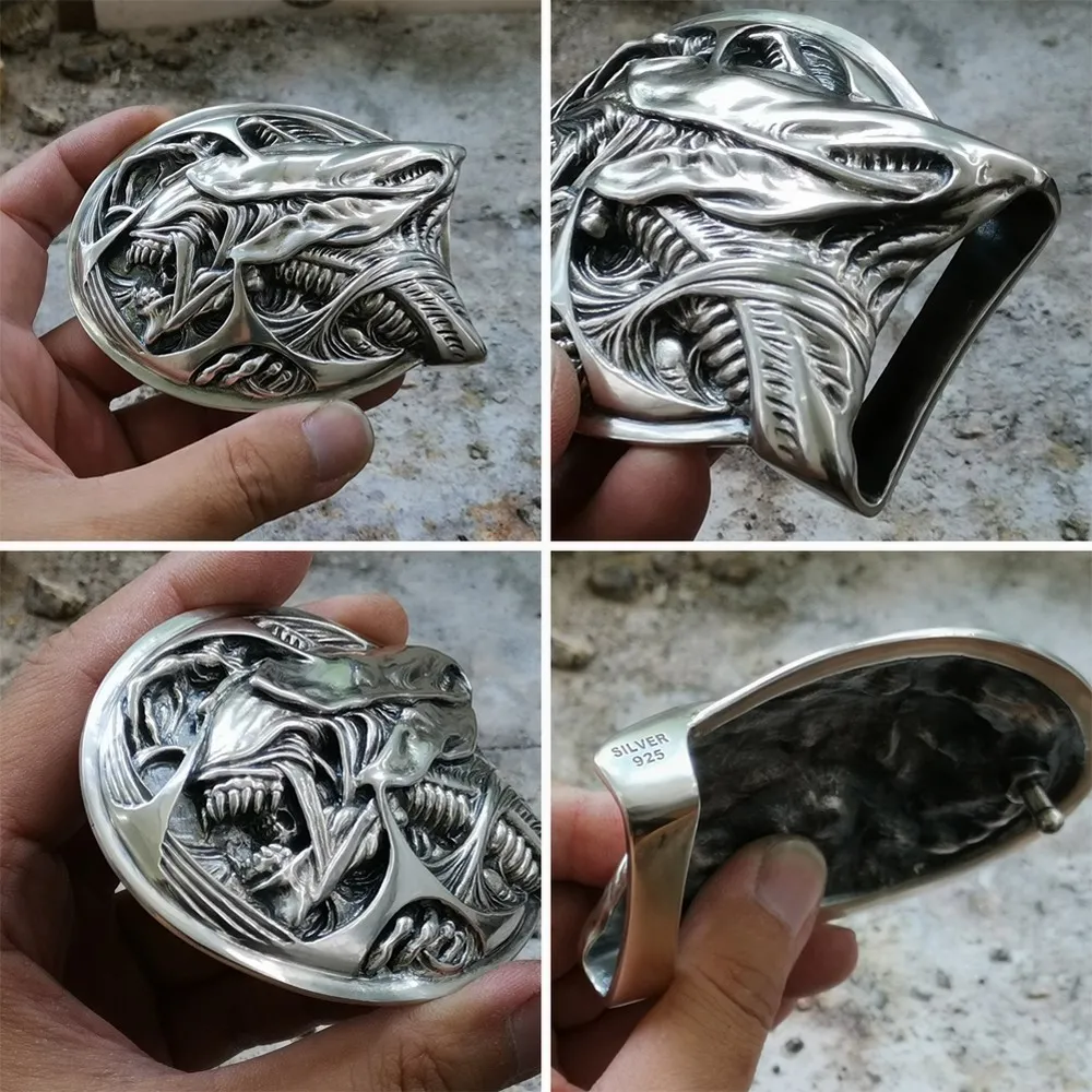 LINSION Handmade 925 Sterling Silver AVP Alien Mens Biker Punk Belt Buckle TA291