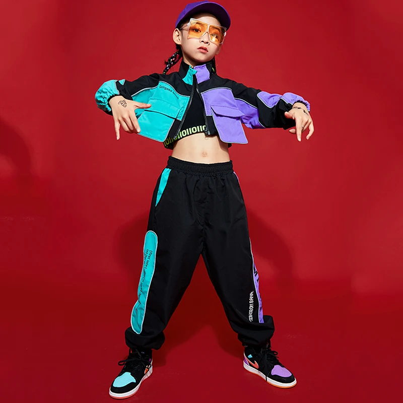 Kids Jazz Dance Hip Hop Costumes Girls Short Jacket Navel Tops Street Pants Performance Fashion Clothing For Children BL5454