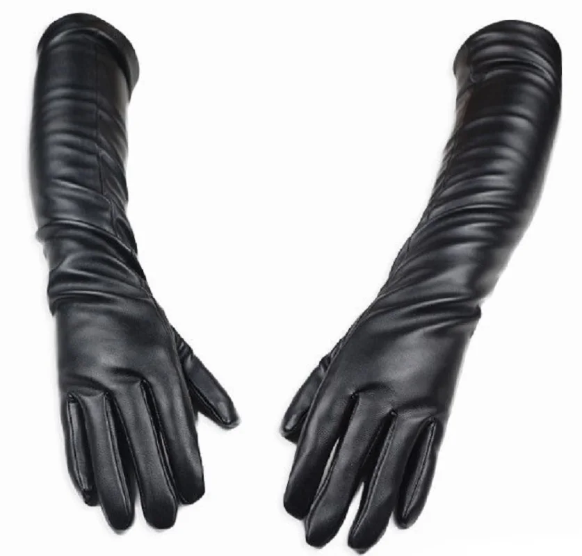 Luvas femininas de couro 50cm, luva de couro preta