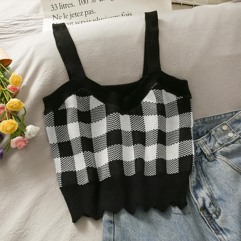 Pearl Diary Women Knitting Tops Plaid Cute Strappy Crop Top Summer Ladies V Neck Scallop Edge Check Knit Going Out Camis Tops