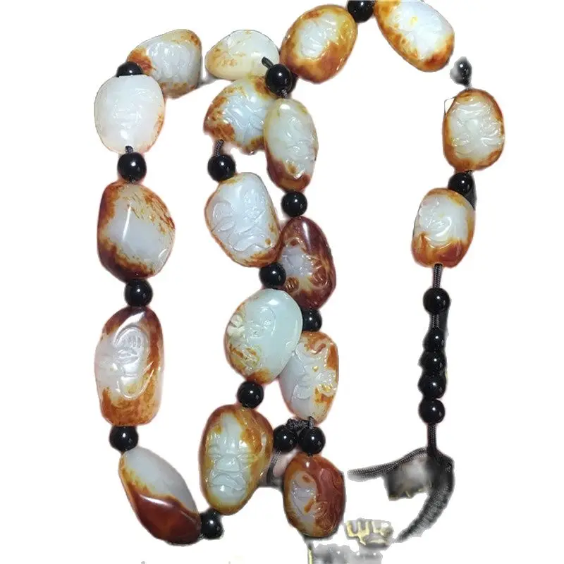 Natural Seeds Of Xinjiang Hetian Jade Seed Carved Lohan Beads Jade String Necklace A