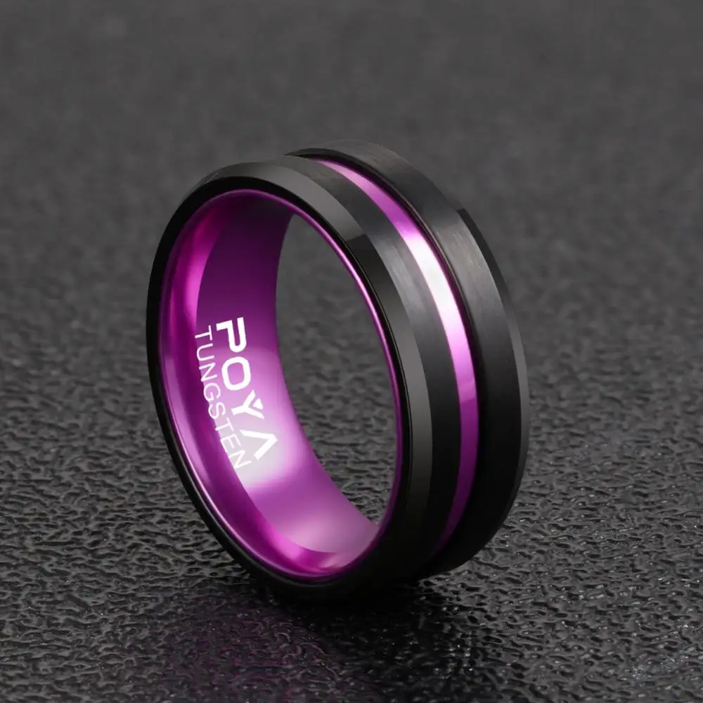 POYA 8 mm Purple Ring Black Plated Tungsten Wedding Band with Anodized Aluminum Liner Interior