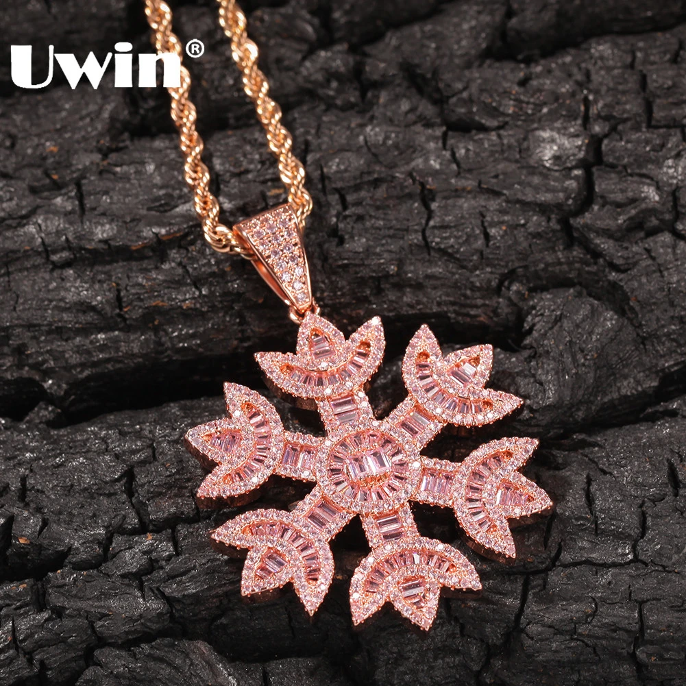 

UWIN Fashion Women Baguettecz Pink Snowflake Shape Pendant Necklace Pink Color Iced Bling Bling Cubic Zirconia Hiphop Jewelry