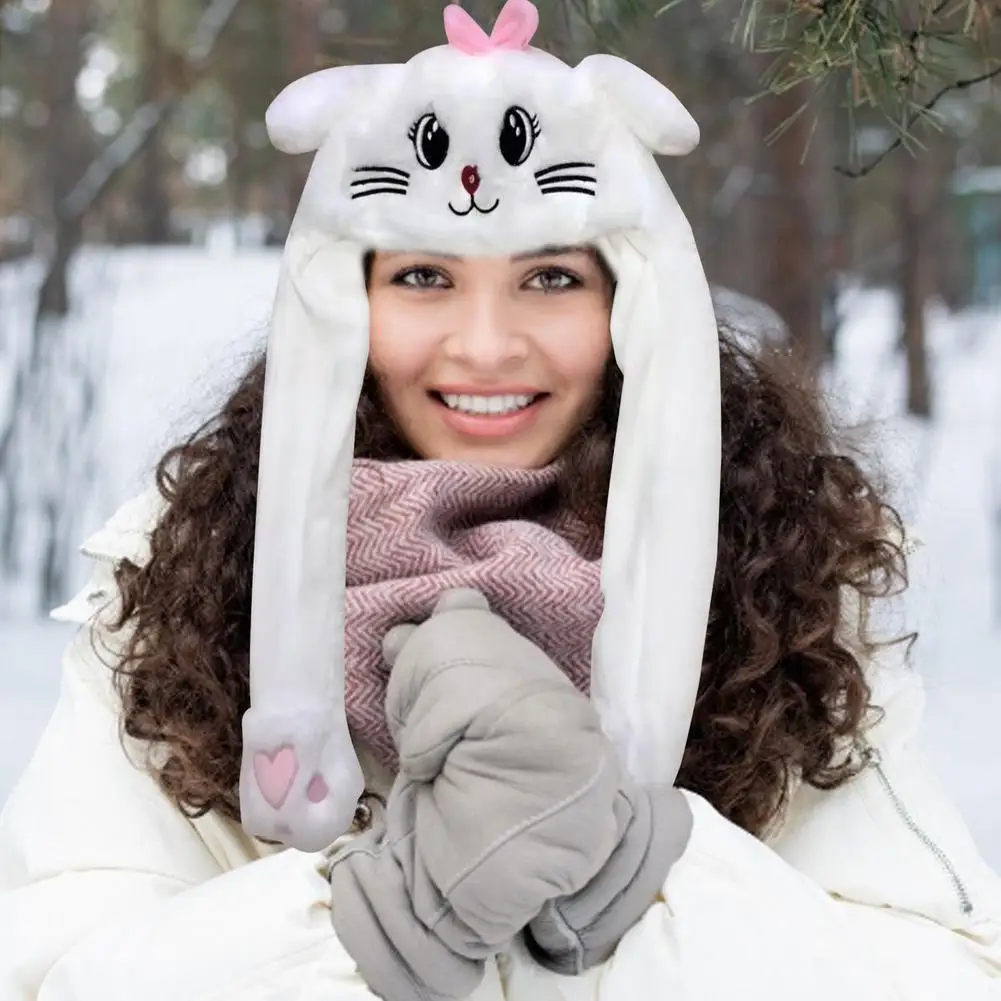 Chapeau de lapin en peluche avec oreilles, jouet amusant, confortable, mignon, chaud, pincer les oreilles et bouger