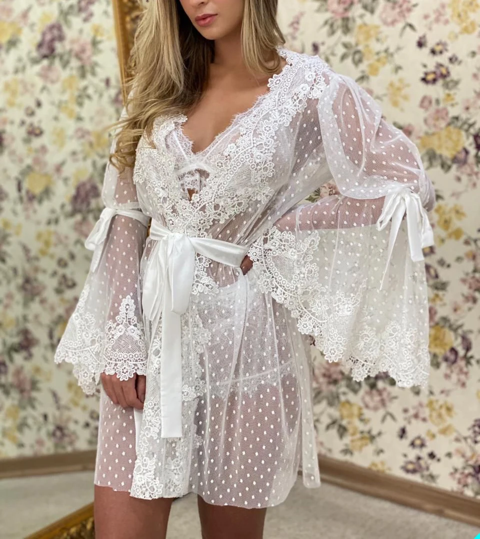 

2021 illusion Bridal Dress v-neck Mini Bathrobe Women Lingerie Nightgown Pajamas Sleepwear Women's Gowns Housecoat Nightwear