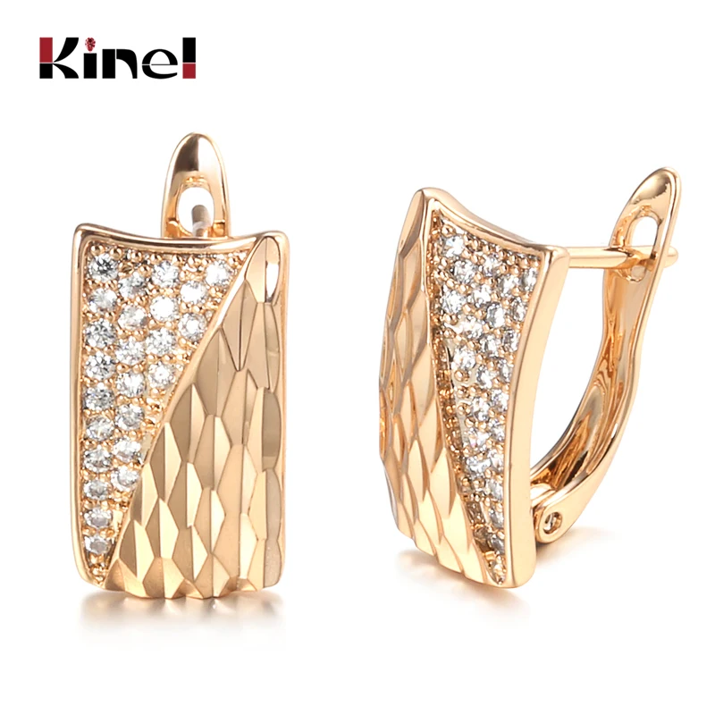 Kinel Hot Smooth Square Pattered Earrings For Women 585 Rose Gold Natural Zircon Stud Earrings Ethnic Bride Wedding Jewelry