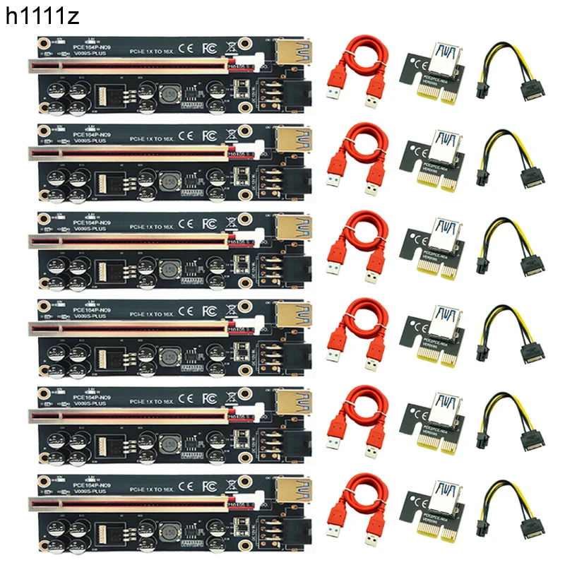 

6pcs Mining X1 X16 PCIE Riser 009s Plus LED GPU Riser PCI Express X16 Adapter Molex 6Pin SATA to USB 3.0 Cable for Bitcoin Miner