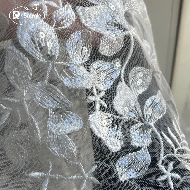 Sequined Leaf Stripe Embroidered Lace Fabric Wedding Dress DIY Accessories RS3351