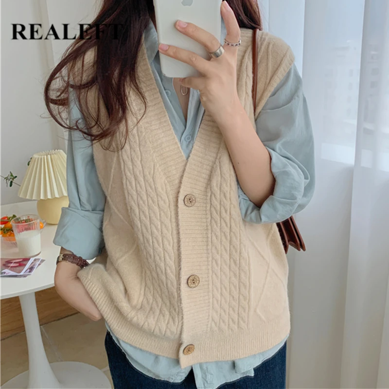 

REALEFT New 2021 Autumn Winter Women's Sweaters Vest Casual Loose Knitting Tank Cardigan Female Solid Knitwear V-Neck Tops