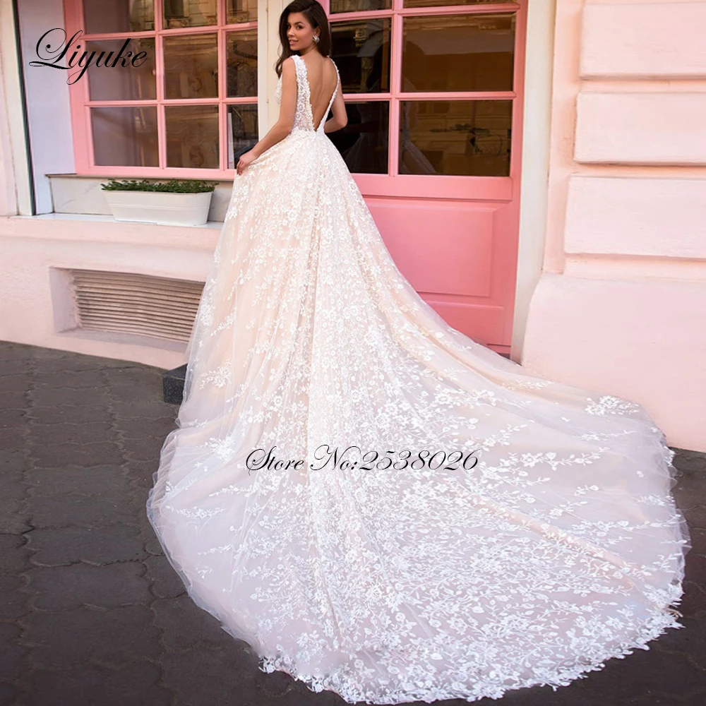 Liyuke Delicate A Line Wedding Dress With Elegant Lace Of Backless Wedding Gown With Deep V-Neckline