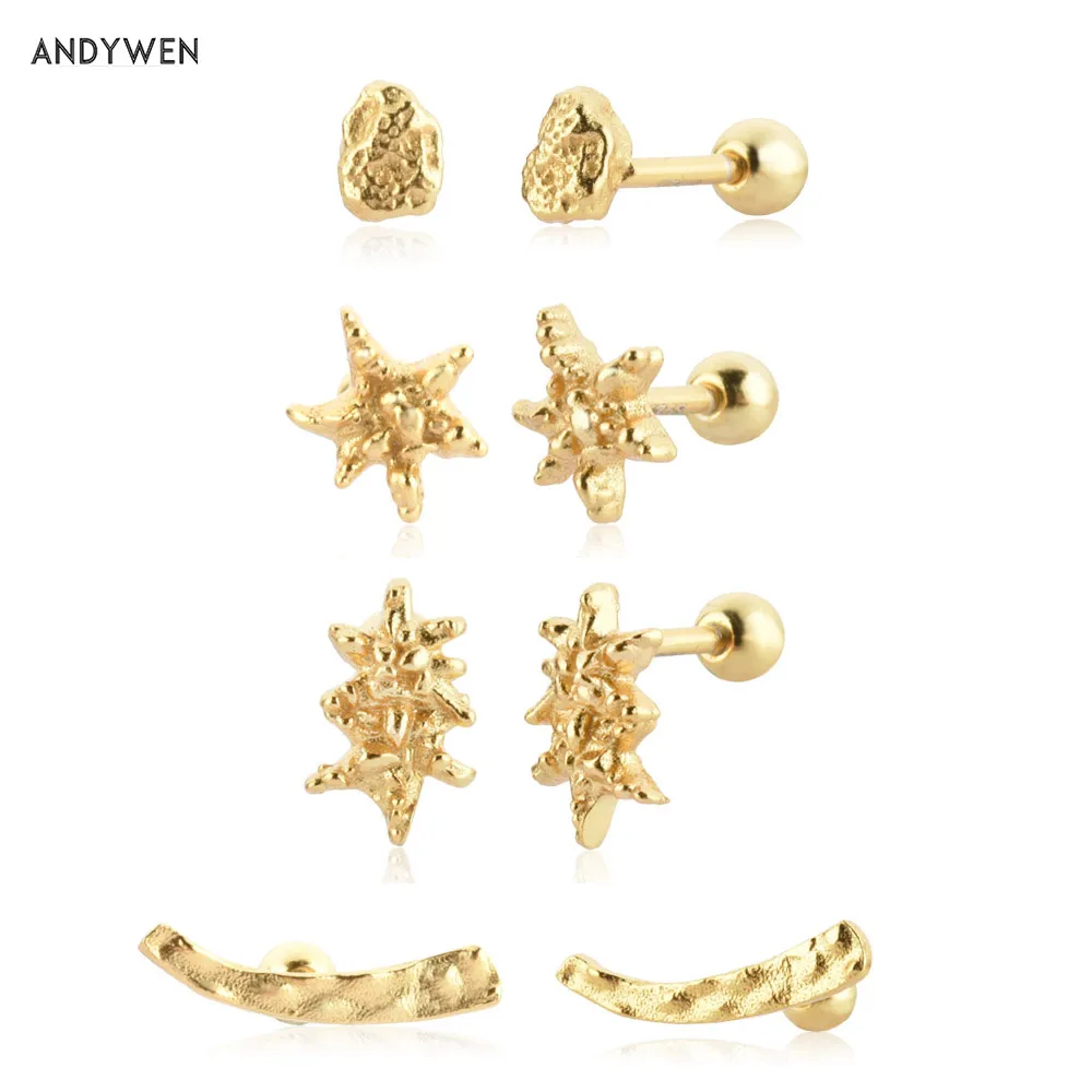 

ANDYWEN 925 Sterling Silver Gold Gravel Stud Earring Piercing Pendiente 2021 Women Wedding Jewelry Clips Rock Punk Jewels