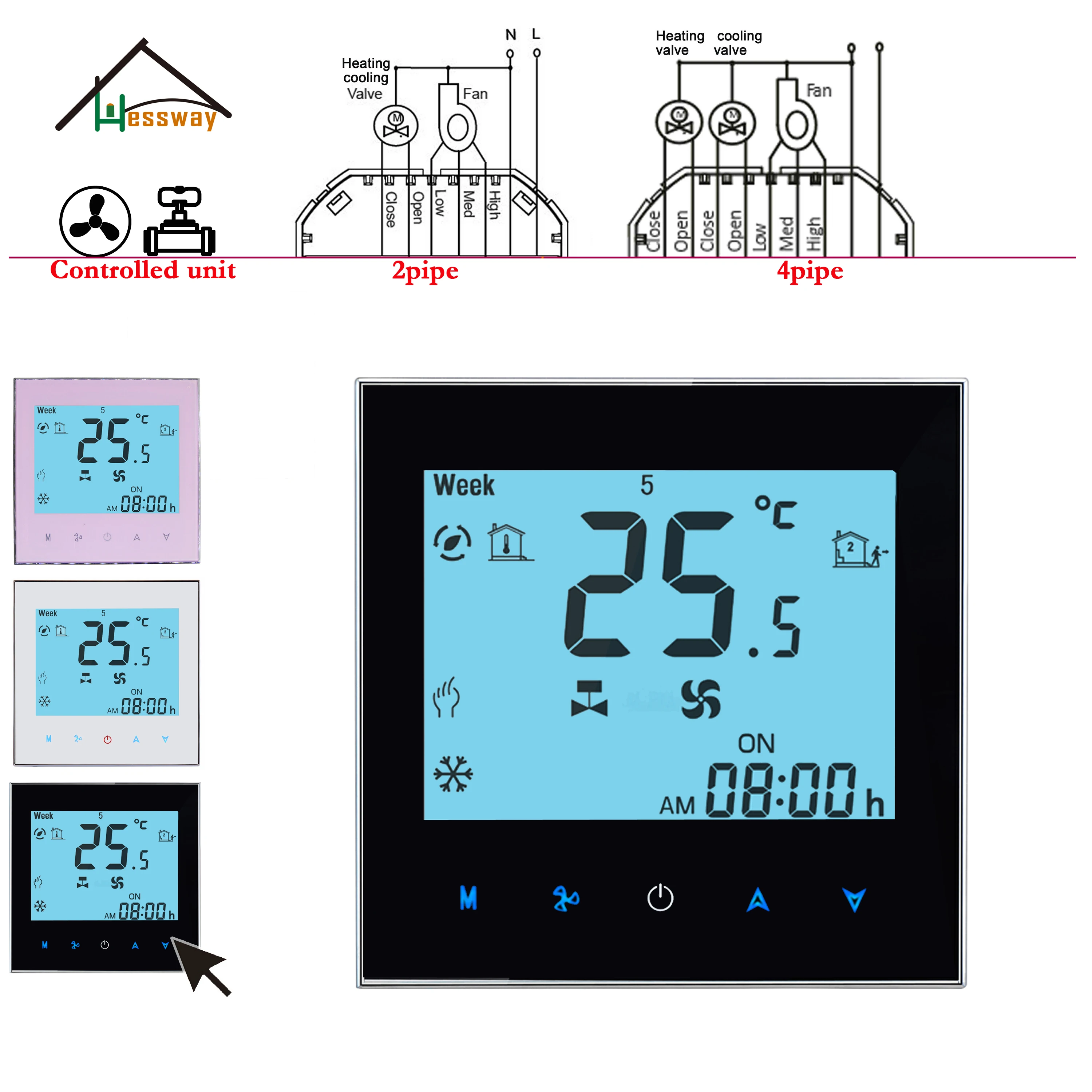 Imagem -04 - Termostato da C.a. Wifi da Bobina do fã da Tubulação de Hessway 2-tube para 24v 95240v Regulador de Controle de Temperatura Trabalha com Alexa Google Casa