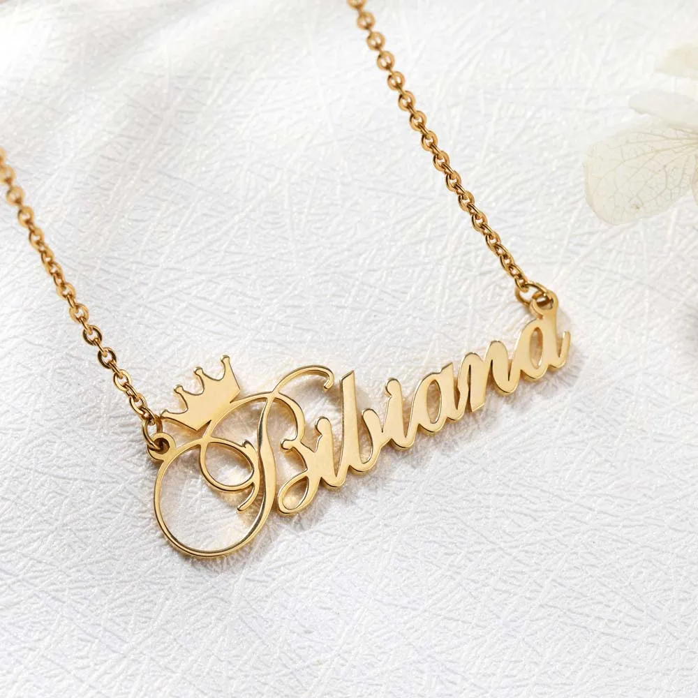 Handmade Jewelry Personalized Crown Name Necklace Stainless Steel Customized Letter Initials Nameplate Pendant Sister Jewelry