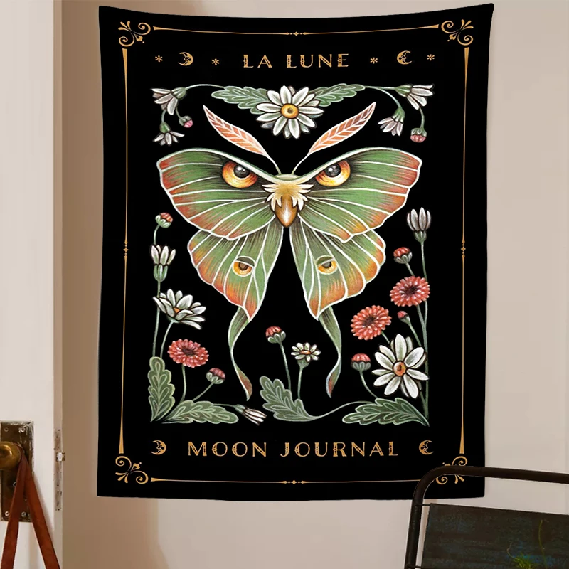 Sun Moon Moth Tapestry Wall Hanging Moon Phase Wall Art Cottagecore Decor Mystical Moth Witch Dorm Room Wall Decor Boho Decor