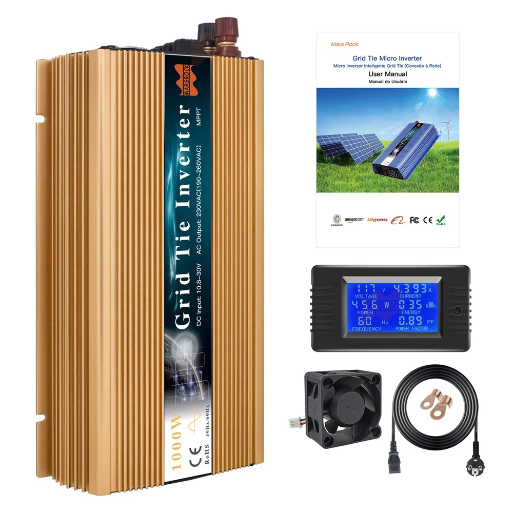 Mars Rock 1000W Solar Inverter Grid Tie Micro Pure Sine Wave 10.5-50V DC to AC 90-140V or 190-260V MPPT Power Meter