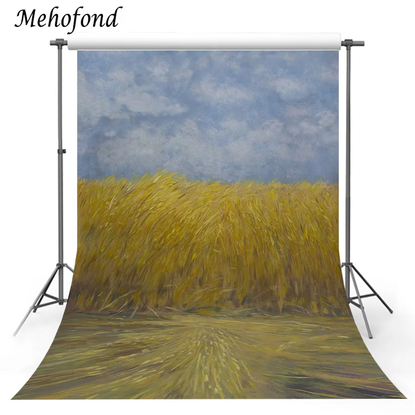 Photo Studio Gold Yellow Wheat Field Backdrop Hand-Painted Blue Sky Autumn Wedding Children Portrait Photography Background Prop