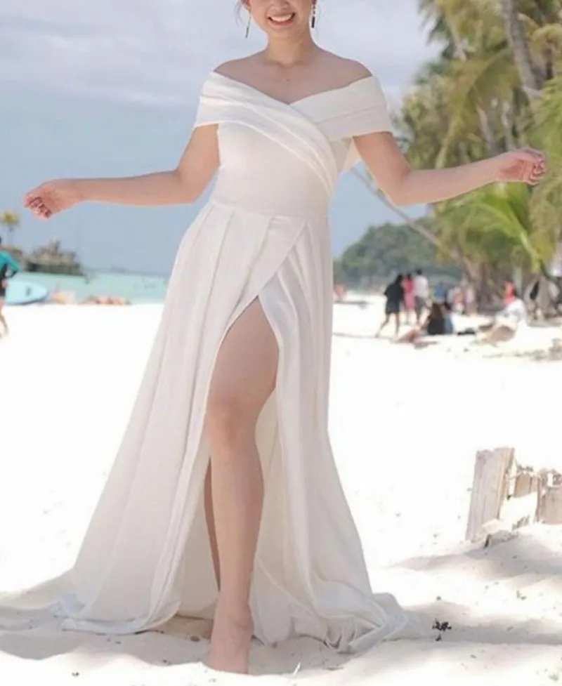 

2022 Dark Red White Long Prom Evening Dress Off Shoulder Short Sleeve Slit Formal Party Gown New Robes De Soirée Vestidos