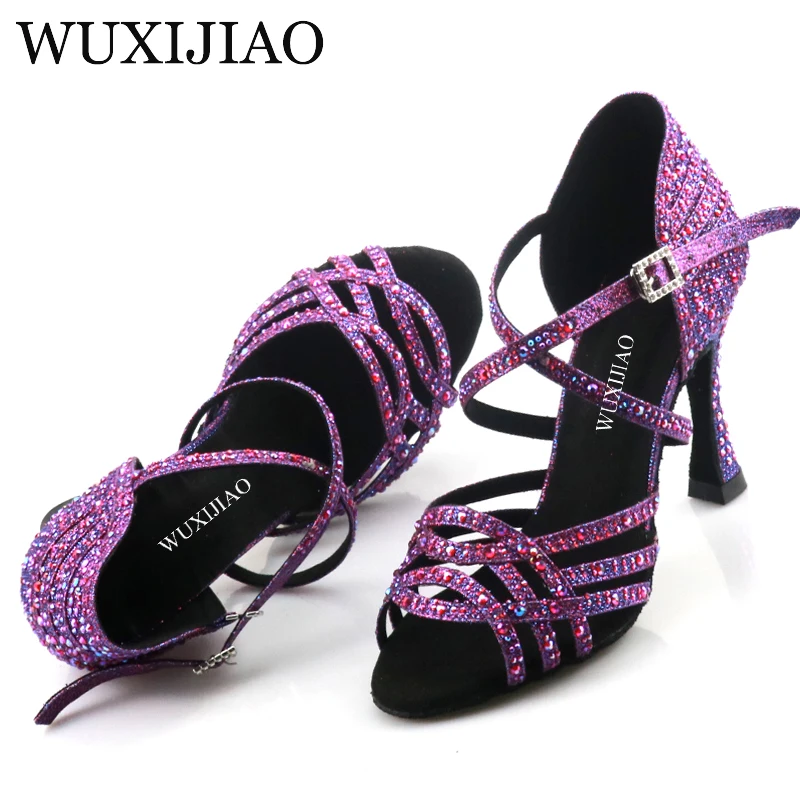 Wuxi Women\'s Purple Latin Dance Shoes New Dance Shoes Unique Design Salsa Shoes Diamond Sandals